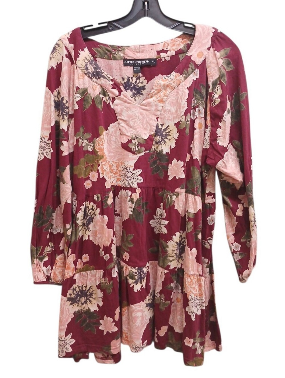 Little Journeys Chicago Burgundy Floral Flowy Tiered Tunic Top Size Extra Large